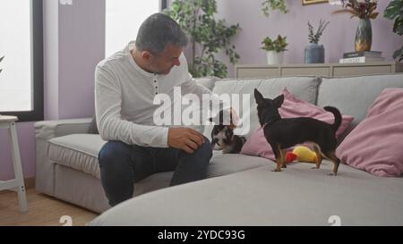 Middle-aged hispanic man sits in a cozy living room with two chihuahuas, surrounded by plants and soft furnishings. Stock Photo