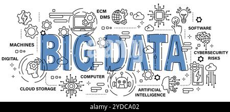 Big data . Technology and AI artificial intelligence concept . Word with outline icon art banner style . Editable stroke . Vector . Stock Vector