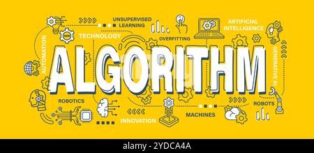 Algorithm . Technology and AI artificial intelligence concept . Word with outline icon art banner style . Editable stroke . Vector . Stock Vector