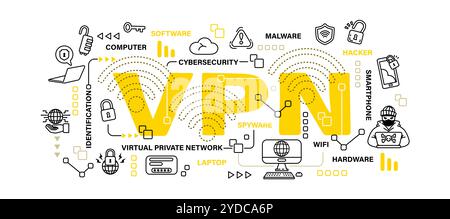 VPN . Virtual Private Network . Cybersecurity concept . Word with outline icon art banner style . Editable stroke . Vector . Stock Vector