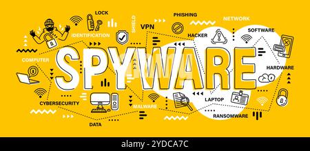 Spyware . Cybersecurity concept . Word with outline icon art banner style . Editable stroke . Vector . Stock Vector