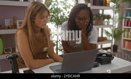 Women working in a home decor store, two female employees in aprons focused on a laptop, discussing business, surrounded by indoor plants and decor it Stock Photo