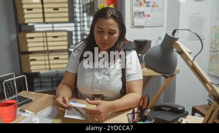 Hispanic woman detective meticulously examines evidence at police station, reflecting a mature, professional indoor atmosphere. Stock Photo