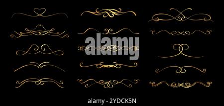 Gold Calligraphic Divider Separator Set in Victorian Cursive Flourish Style Stock Vector