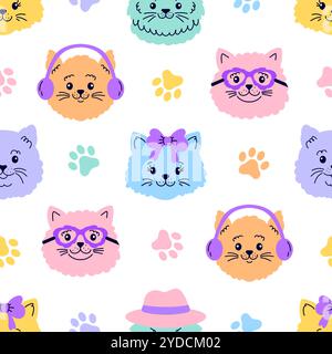 Seamless pattern with cat faces and paws Stock Vector