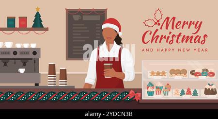 Cafe interior with Christmas ornaments and barista at work, she is holding a take away coffee and smiling, copy space Stock Vector