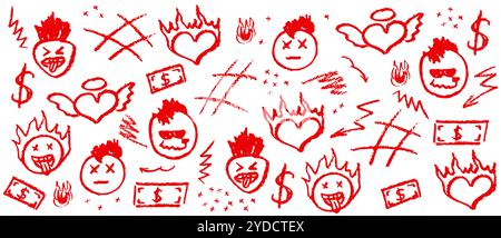 Red wax crayon drawing grafitti elements. Collection of vector charcoal outline symbols cute fire heart, mohawk hairs, mouth stick out tongue on the Stock Vector