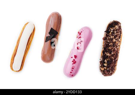 Different types of French eclairs on a white background Stock Photo
