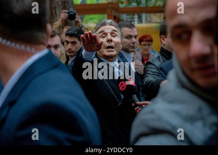 Tbilisi, Georgia. 26th Oct, 2024. Bidzina Ivanishvili talking to the press after voting. Georgia is living in the most important elections in the country's history. The Parliament is divided into pro-Russia and pro-Europe parties. The pro-Russia party, Georgian Dream, is losing votes but remains the most powerful party nationwide. The other most important parties are all pro-European but they are divided. Credit: SOPA Images Limited/Alamy Live News Stock Photo