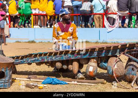 Traditional cultural heritage African wood xylophone like instrument known as mbila or timbila played with rubber drum sticks Stock Photo