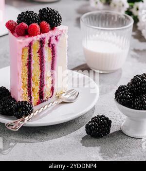 Fruit cake with fresh raspberry, blackberry and vanilla cream Stock Photo