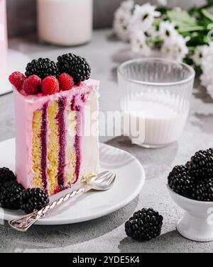 Fruit cake with fresh raspberry, blackberry and vanilla cream Stock Photo
