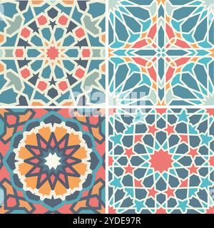 Colorful Islamic geometric patterns with blue, red, and orange accents in traditional designs. Seamless pattern. Stock Vector