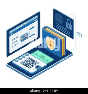 Isometric Digital Wallet with Secure Online Payment. Digital Wallet Concept Stock Vector