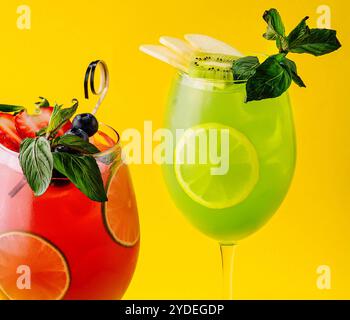 Cocktails with fresh strawberries, kiwi and lemons Stock Photo