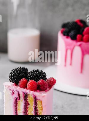Fruit cake with fresh raspberry, blackberry and vanilla cream Stock Photo