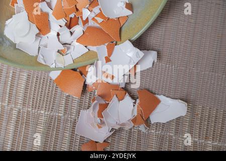 Broken egg shells ,Recycling kitchen waste, Crushed egg shells for the compost and garden. Stock Photo