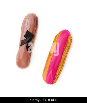 Chocolate and pink eclairs isolated on white background Stock Photo
