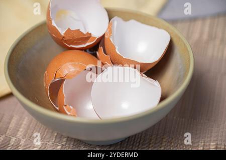 Broken egg shells ,Recycling kitchen waste, Crushed egg shells for the compost and garden. Stock Photo