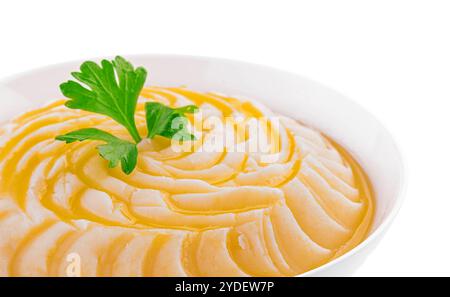 Bowl with mashed potatoes on white background Stock Photo