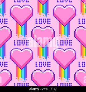 Seamless pattern with hearts in pixel art style Stock Vector