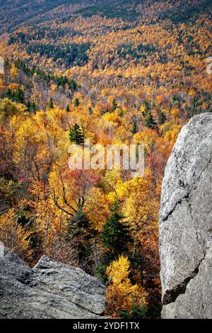 Autumn's vibrant palette blankets the rugged terrain of Pinkham's Notch, New Hampshire, as fiery hues of red, orange, and gold cover the landscape. Stock Photo