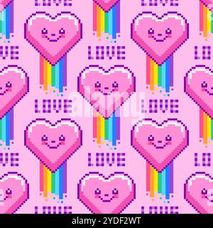 Seamless pattern with hearts in pixel art style  Stock Vector