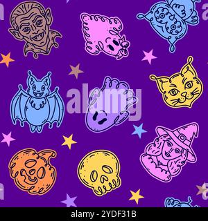 Seamless pattern with characters in doodle style on the theme of the Halloween holiday. Stock Vector