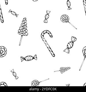 Seamless vector hand drawn ink pattern of lollipops and candy canes. Festive sweets background for Christmas designs, prints for confectioners Stock Vector