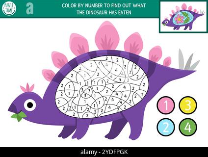 Vector dinosaur color by number activity with stegosaurus and food in his stomach. Prehistoric black and white counting or coloring game. Simple color Stock Vector