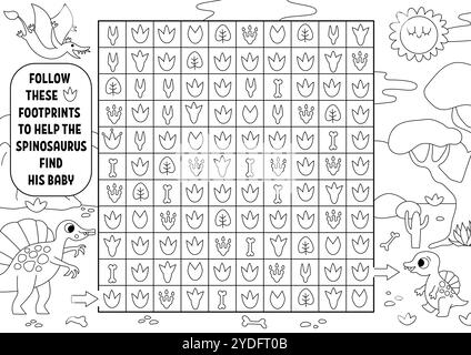 Dinosaur black and white maze, seek and find game, coloring page. Prehistoric printable line activity for kids. Logical searching puzzle. Follow footp Stock Vector