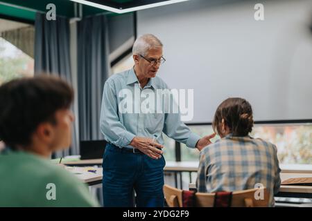 Elderly professor engaging with attentive students in classroom setting Stock Photo