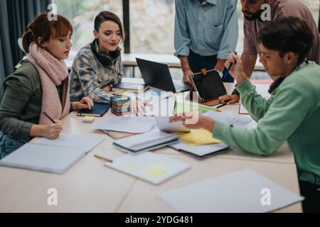 University students collaborating with professor on academic project Stock Photo