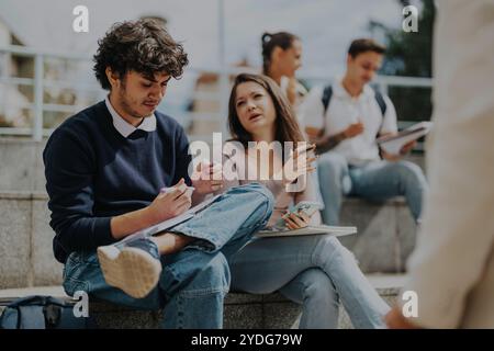 High school students collaborating with professor outdoors Stock Photo