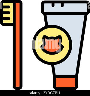 Dental hygiene for pets color icon. Toothbrush and toothpaste for cats. Teeth cleaning. Vector isolated on white background. Stock Vector