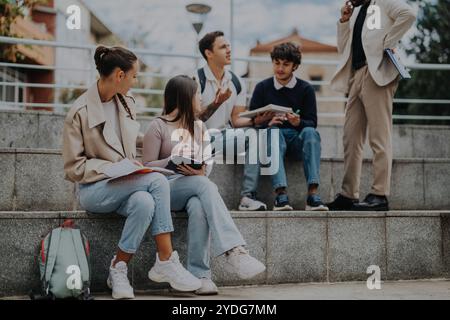Students collaborating outdoors with professor on stone steps Stock Photo