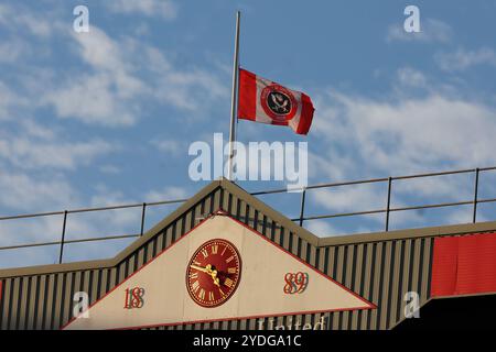 Sheffield, UK. 26th Oct, 2024. The Sheffield United flag flies at half mast in honour of George Baldock during the Sky Bet Championship match at Bramall Lane, Sheffield. Picture credit should read: Simon Bellis/Sportimage Credit: Sportimage Ltd/Alamy Live News Stock Photo