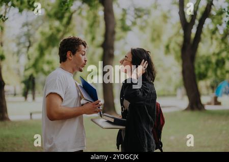 Multicultural students discussing school assignments in the park Stock Photo