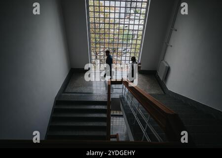 Two students walking down stairs in modern academic building Stock Photo