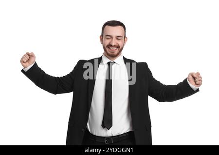 Young businessman in suit running on white background Stock Photo