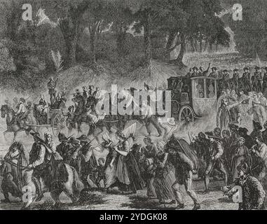 French Revolution. Flight to Varennes (20-21 June 1791). King Louis XVI (1754-1793) and his family were arrested at Varennes on 21 June 1791 as he tried to reach the Royalist stronghold of Montmédy. Back from Varennes the royal family was brought back to Paris on 25 June 1791, escorted by the National Guard and armed people. The royal family returning to Paris after their arrest in Varennes. Drawing by Hippolyte de la Charlerie. Engraving by Hebert. 'History of the French Revolution'. Volume I, 1876. Stock Photo