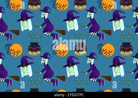 Seamless Halloween pattern featuring witches on brooms, bats, cauldrons, and a spooky full moon. Perfect for festive backgrounds and decorations. Stock Vector