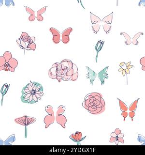 Butterfly and flower modern simplicity vector illustration. One line seamless modern pattern. Stock Vector
