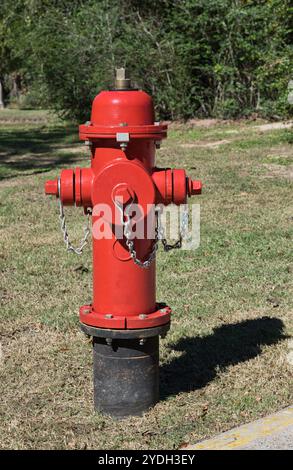 Red fire hydrant water supply fireplug with shield body on lawn by roadside. Stock Photo