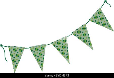 Triangular Pennants with quatrefoil clover pattern on a rope in trendy monochrome green. St Patrick design element. Isolated Vector illustration Cards, poster, leaflet, banner, tag, label or web promo Stock Vector