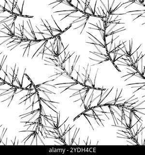 Detailed hand drawn seamless vector pattern of spruce branches. Realistic ink sketch style design, perfect for nature, eco-themed projects, Christmas Stock Vector