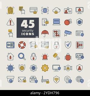 Security vector icon set. Cyber lock, password, unlock. Guard, shield, home security system icons. Eye access, electronic check, firewall. Internet pr Stock Vector