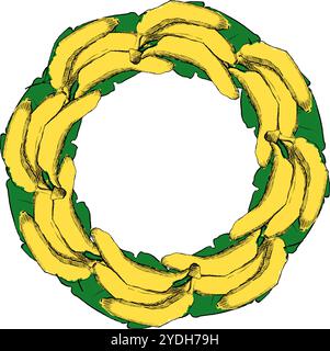 Tropical Fruits circle round frame vector template. Graphic hand drawn bananas on leaves. Vector illustration. Label Package template. Design element Stock Vector