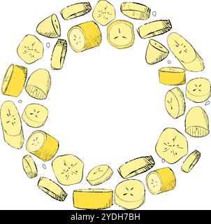 banana slices Fruits circle frame. graphic hand drawn round vector template. Label Package template. Design element Stock Vector