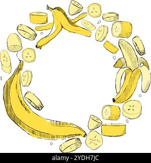 circle frame with banana full and slices. Graphic vector illustration on a white background. For printing on fabric, for decorating kitchens, dishes, Stock Vector